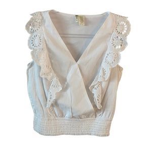 Japana Crisp White Faux Wrap V-neck Top Eyelet Detail & Flutter Sleeves